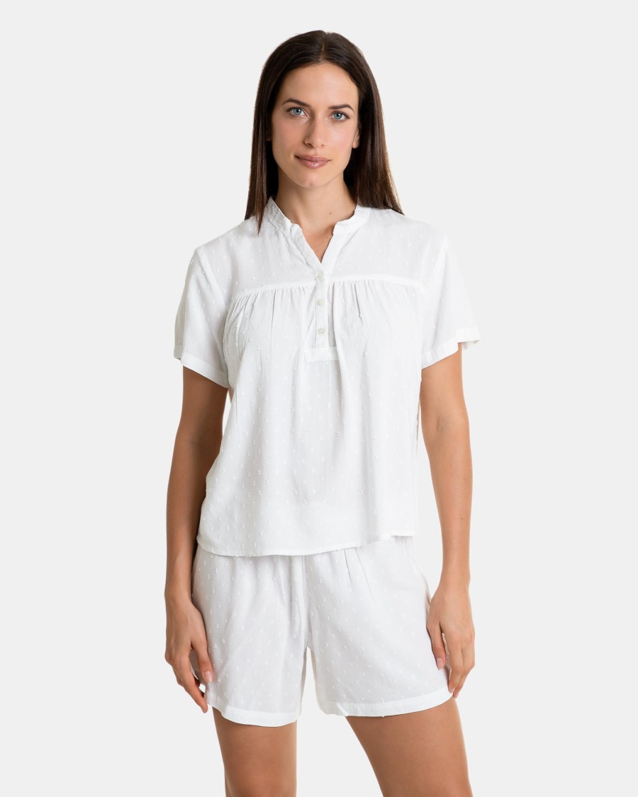 Pijama de mujer corto de manga corta en tejido tela de viscosa color blanco