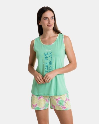 Pijama de dona curt sense mànigues estampat tropical de color verd