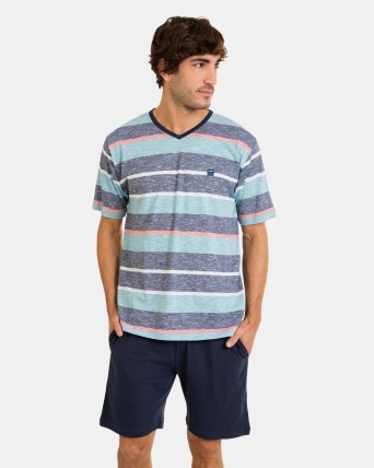 Pijama corto de hombre de punto listado en tonos azules