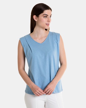 Camiseta de mujer sin mangas y pliegues en color azul