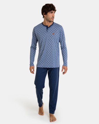 Pijama largo de hombre de punto en color azul