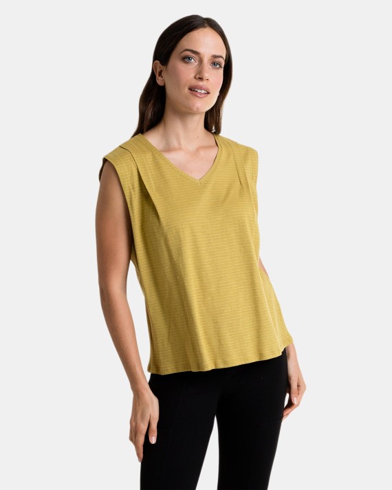 Camiseta de mujer sin mangas y pliegues en color verde