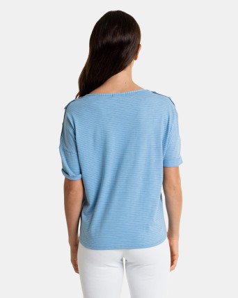 Camiseta de mujer de manga corta en tejido listado azul