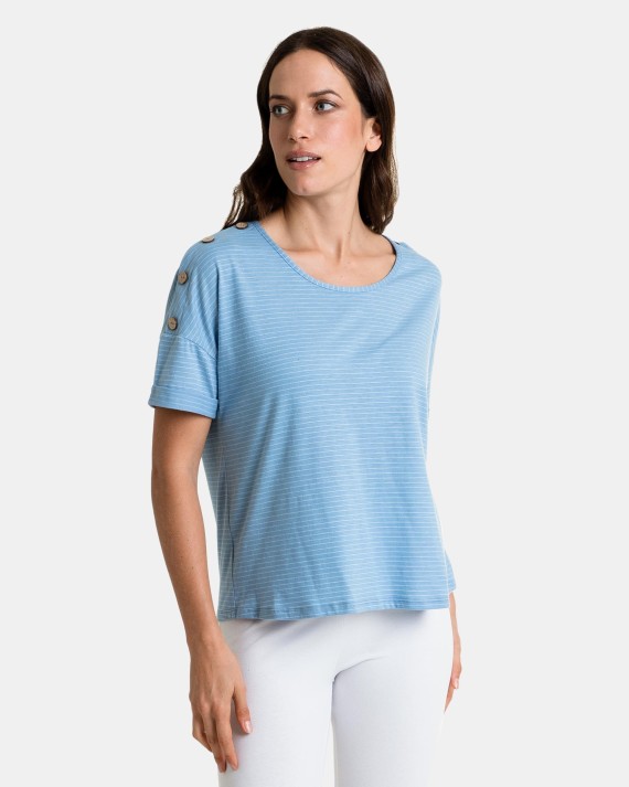 Camiseta de mujer de manga corta en tejido listado azul