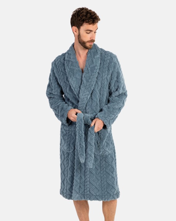 Men's long robe in fleece fabric with embossing