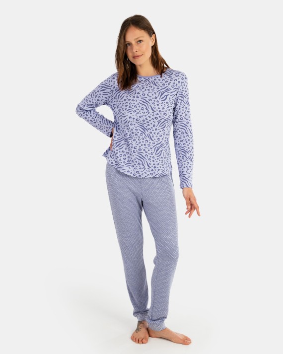 Women's long pajamas in tweed fabric and printed interlock