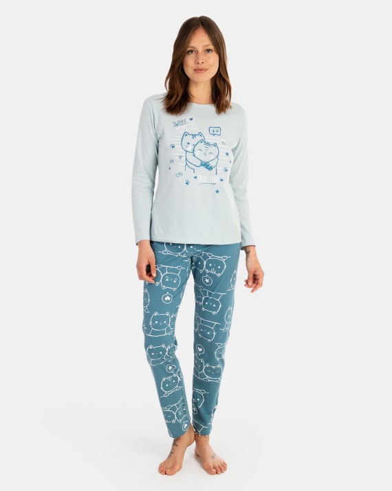 Women's long pajamas in plain cotton knit fabric