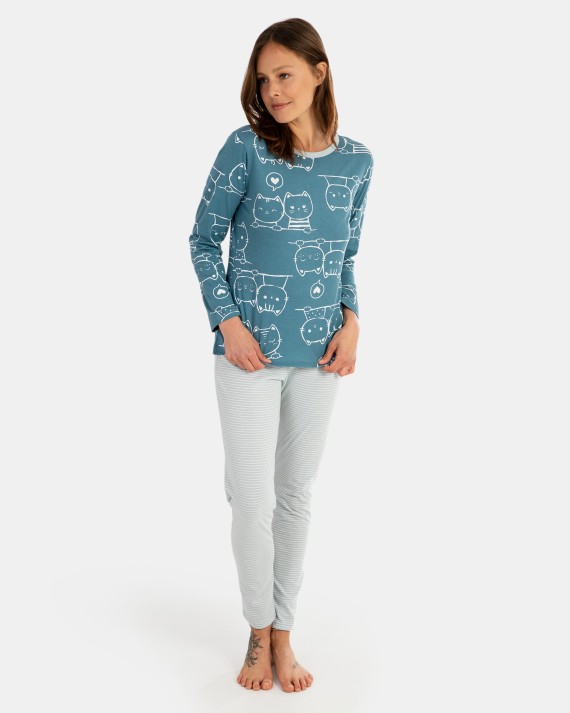 Women's long pajamas in plain cotton knit fabric