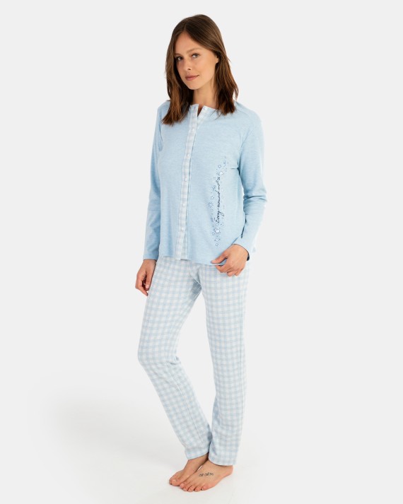 Pijama de mujer largo en tejido Jacquard  Vichy y  tejido interlock