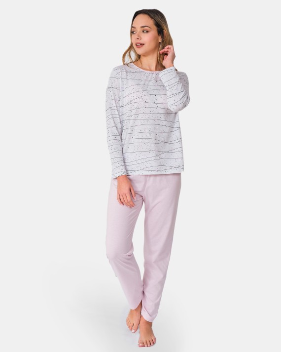Women's long plain knit pajamas with all-over print and plain