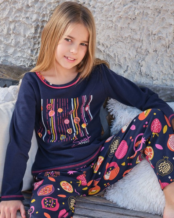 Long girl's pajamas in printed cotton jersey