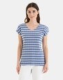 CAMISETA DE MUJER DE HOMBRO CAÍDO EN TEJIDO LISTADO Y CALADO