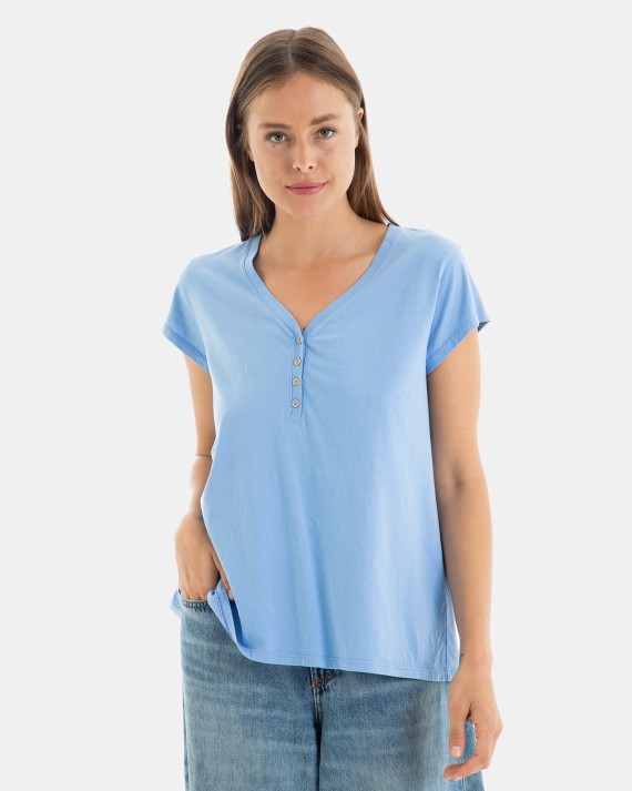 CAMISETA BÁSICA DE MUJER HOMBRO CAÍDO AZUL