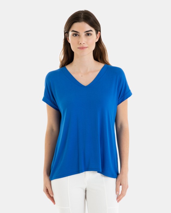 CAMISETA BÁSICA  DE VISCOSA DE MUJER HOMBRO CAÍDO AZUL