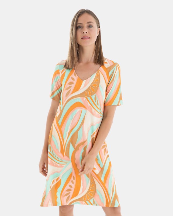 VESTIDO DE PLAYA CORTO DE MANGA CORTA ESTAMPADO FLORES