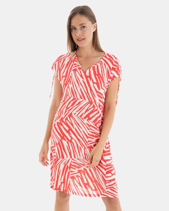 VESTIDO DE PLAYA CORTO ESTAMPADO DE MANGA CORTA DE HOMBRO CAÍDO