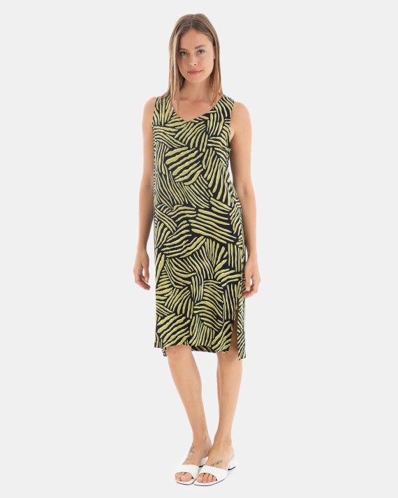 VESTIDO DE PLAYA CORTO SIN MANGAS ESTAMPADO HOJAS