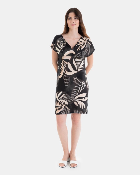 VESTIDO DE PLAYA CORTO DE MANGA CORTA ESTAMPADO HOJAS