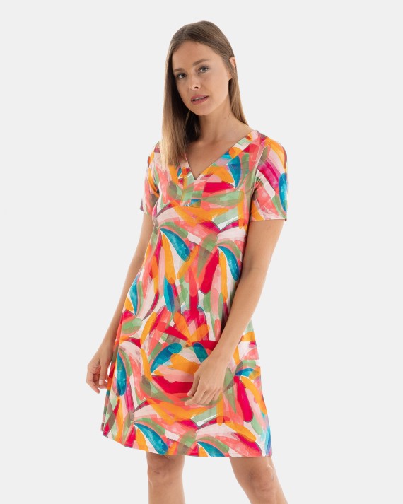 VESTIDO DE PLAYA CORTO DE MANGA CORTA ESTAMPADO MULTICOLOR