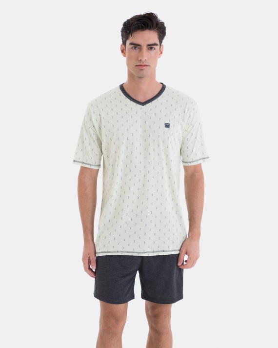 Men's short pajama in cotton and modal with micro print