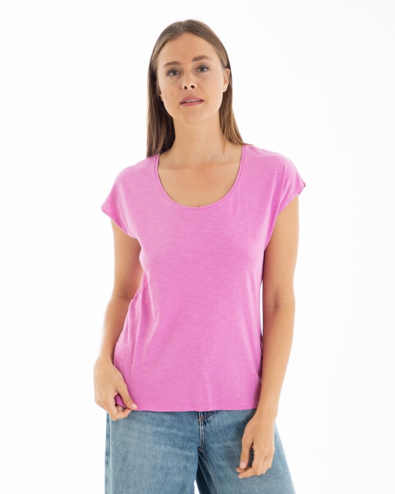 CAMISETA BÁSICA DE MUJER HOMBRO CAÍDO ROSA