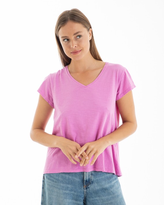 CAMISETA BÁSICA DE MUJER HOMBRO CAÍDO ROSA