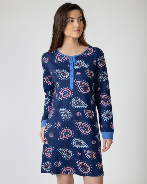 Short printed nightgown with long sleeves