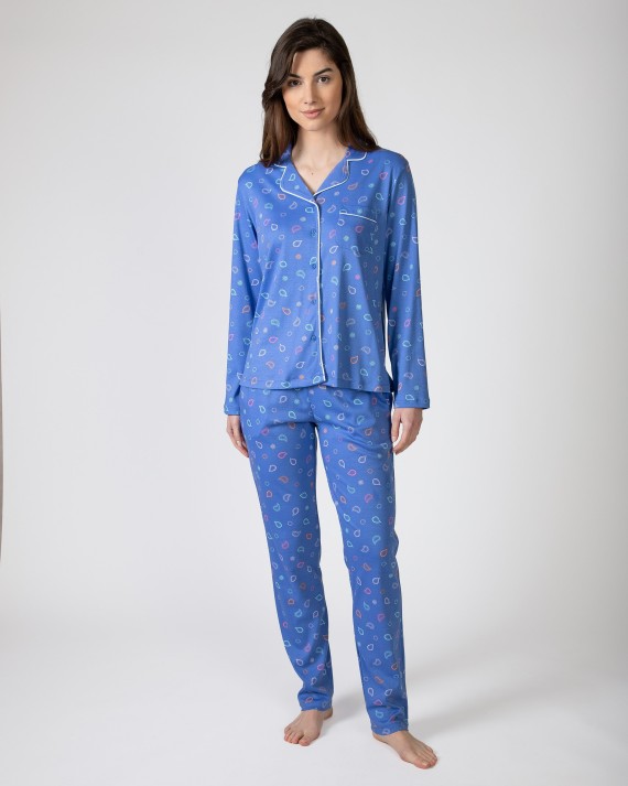 Long women's pajamas in printed cotton jersey