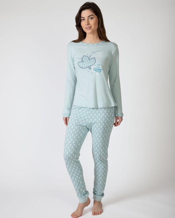 Pijama de mujer largo en tejido de punto listado y estampado