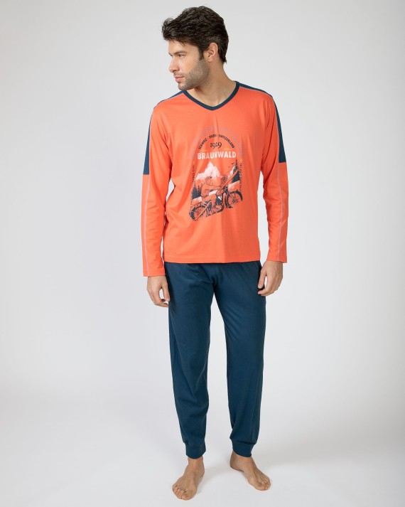 Men's long cotton knit pajamas