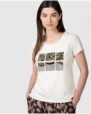 Camiseta de mujer de manga corta beige y estampado