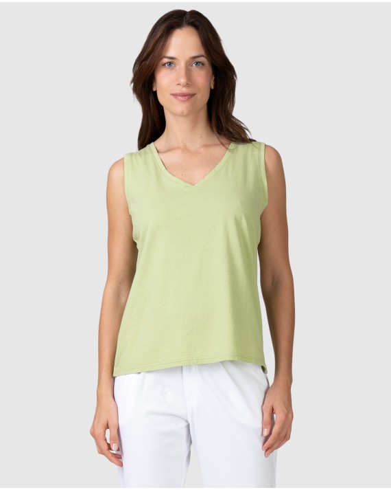 Camiseta básica de mujer sin mangas con escote en V