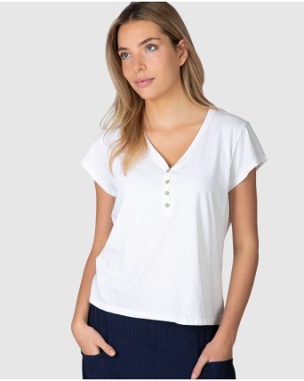 Camiseta básica de mujer de manga corta con botones decorativos