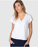 Camiseta básica de mujer de manga corta con botones decorativos