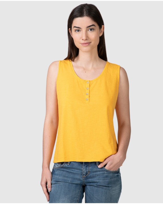 Camiseta básica de mujer sin mangas con tapeta abotonada