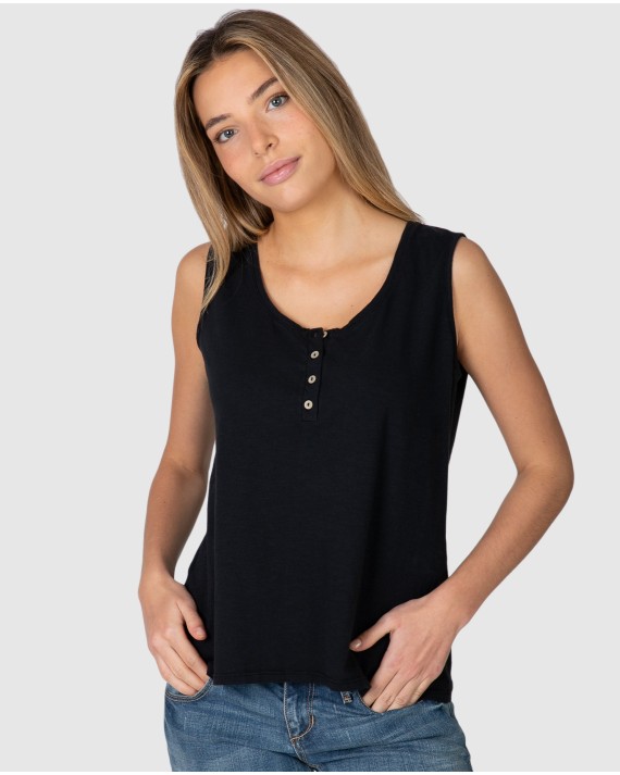 Camiseta básica de mujer sin mangas con tapeta abotonada