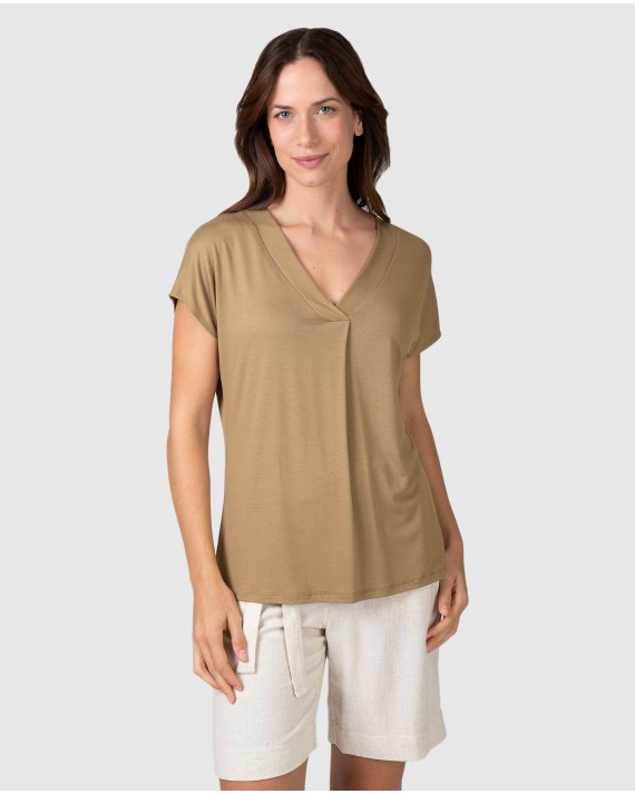 Camiseta de mujer de manga corta escote en v color verde