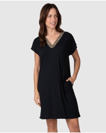 Women's short dress with ethnic detail at the neckline