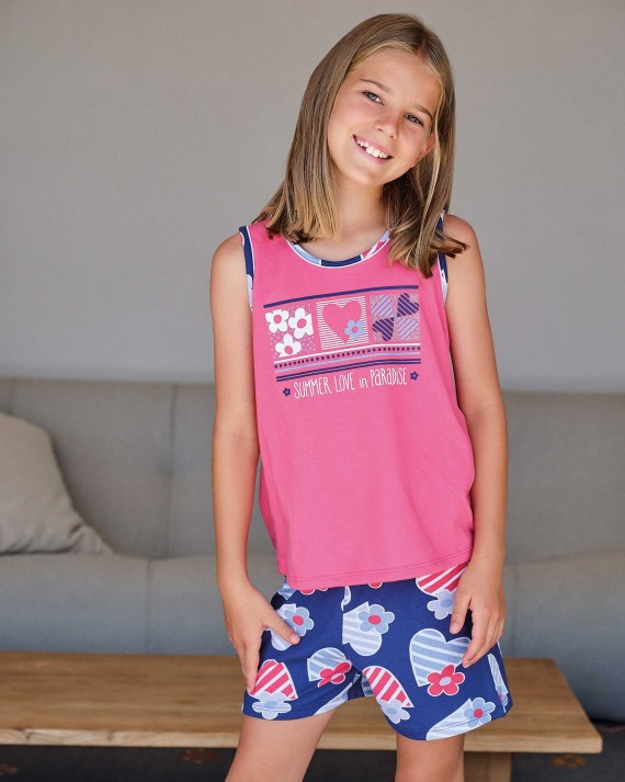 Pijama curt de nena sense mànigues en color rosa