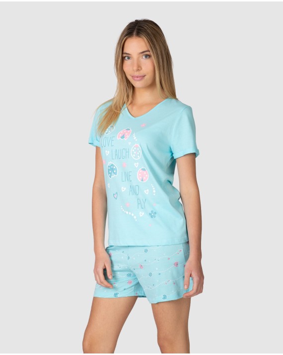 Pijama corto de mujer manga corta cuello pico estampado frontal