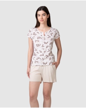 Pijama curt de dona màniga curta tapeta botons estampat integral