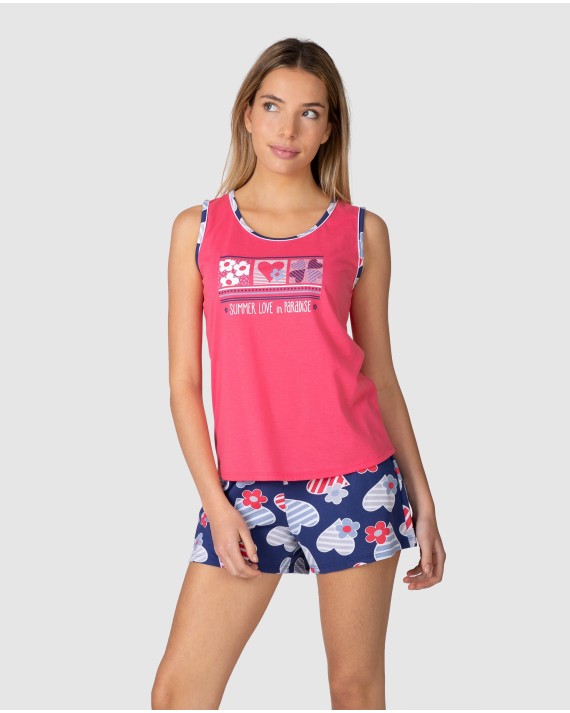 Pijama corto de mujer manga corta estampado corazones y flores
