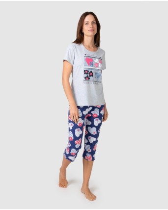 Pijama pirata de mujer manga corta estampado corazones y flores