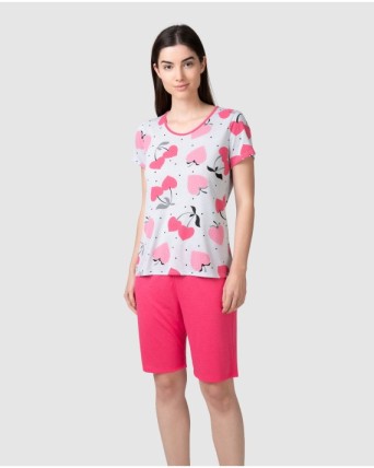 Women's short-sleeved pajamas with strawberry and heart print