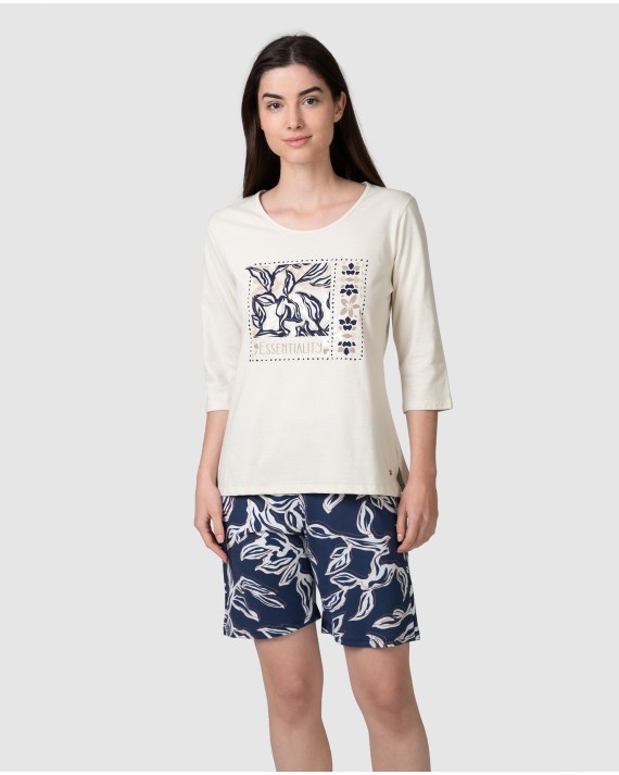 Pijama corto de mujer manga caída estampado gráfico frontal