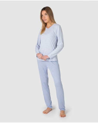 Women's long pajamas with V-neck and striped print