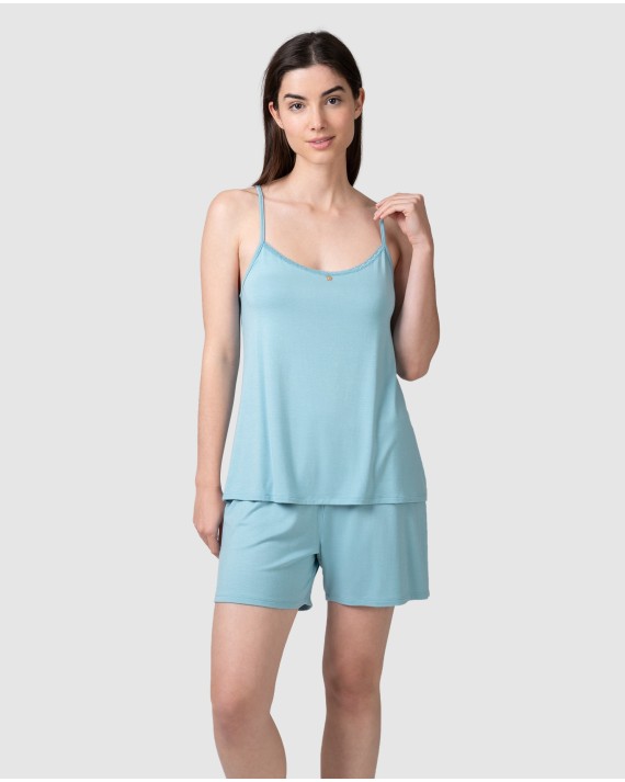 Pijama corto de mujer con tirantes y detalle decorativo en escote