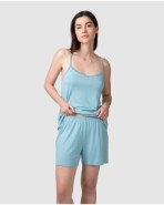 Women's short pajamas with straps and decorative detail at the neckline