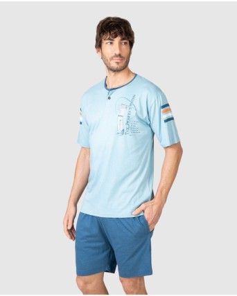 Men's short-sleeved pajama set with button placket