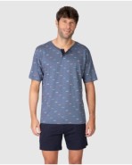 Men's short-sleeved micro-print pajamas with placket
